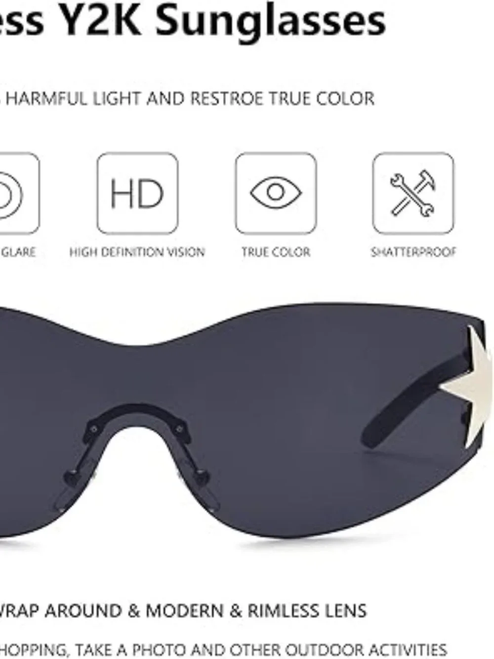 Rimless Y2K Sunglasses Wrap Around‎ Oversized Frameless Trendy Sun Glasses Black